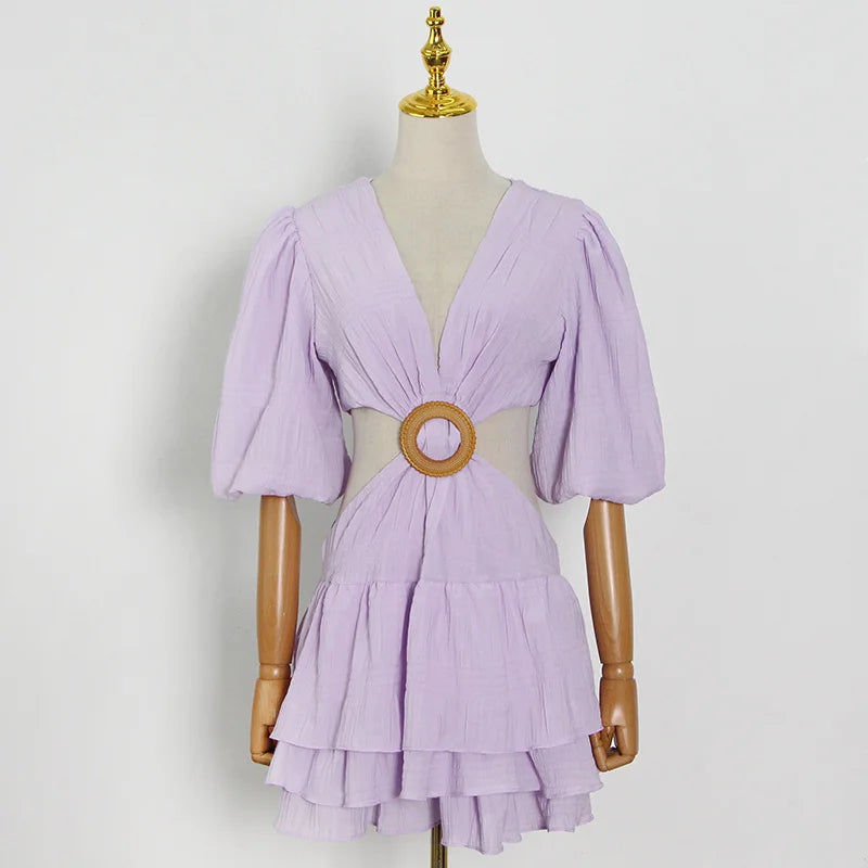V Neck Lantern Half Sleeve Cut Out High Waist Mini Dress
