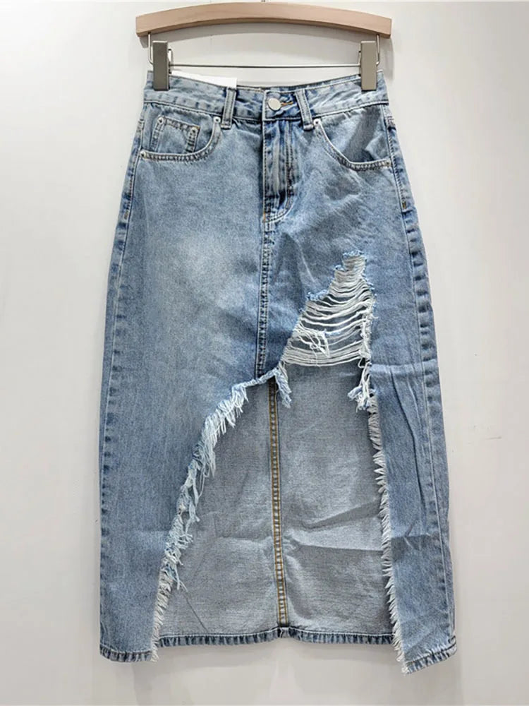 Denim Skirt High Waist Asymmetric A-line Long Skirt