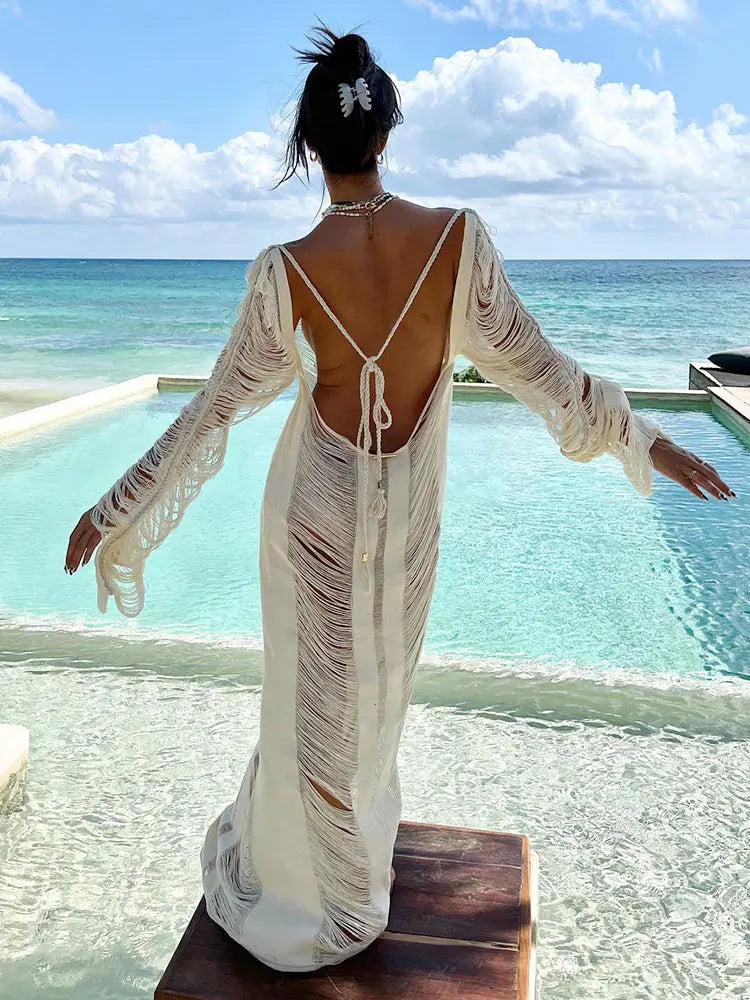 White Knitted Fringe Beach Maxi Dress