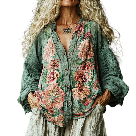 Floral Printed V-Neck Long Sleeve Bohemian Blouse