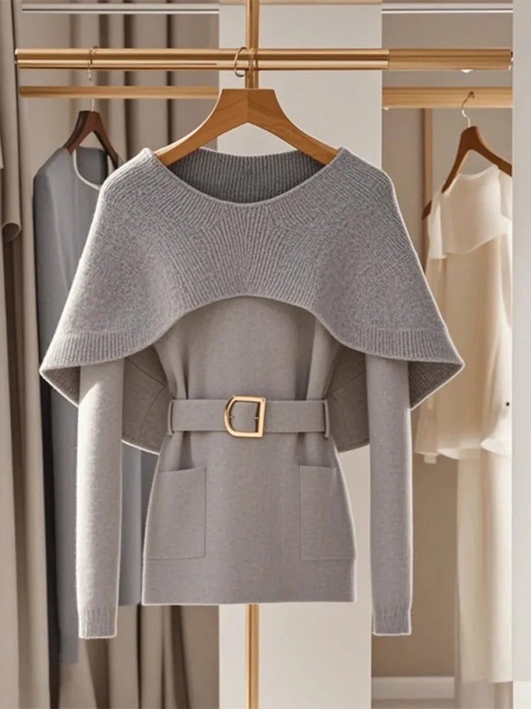 Unique Gray Cape  Knitted Sweater