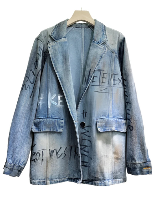 Denim Letter Graffiti Single Buttoned  Jacket