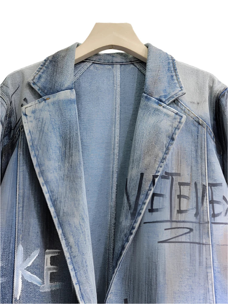 Denim Letter Graffiti Single Buttoned  Jacket