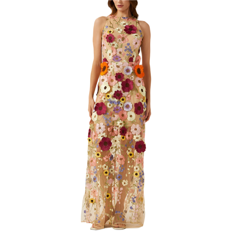 Patchwork Floral Sleeveless Mesh Dress