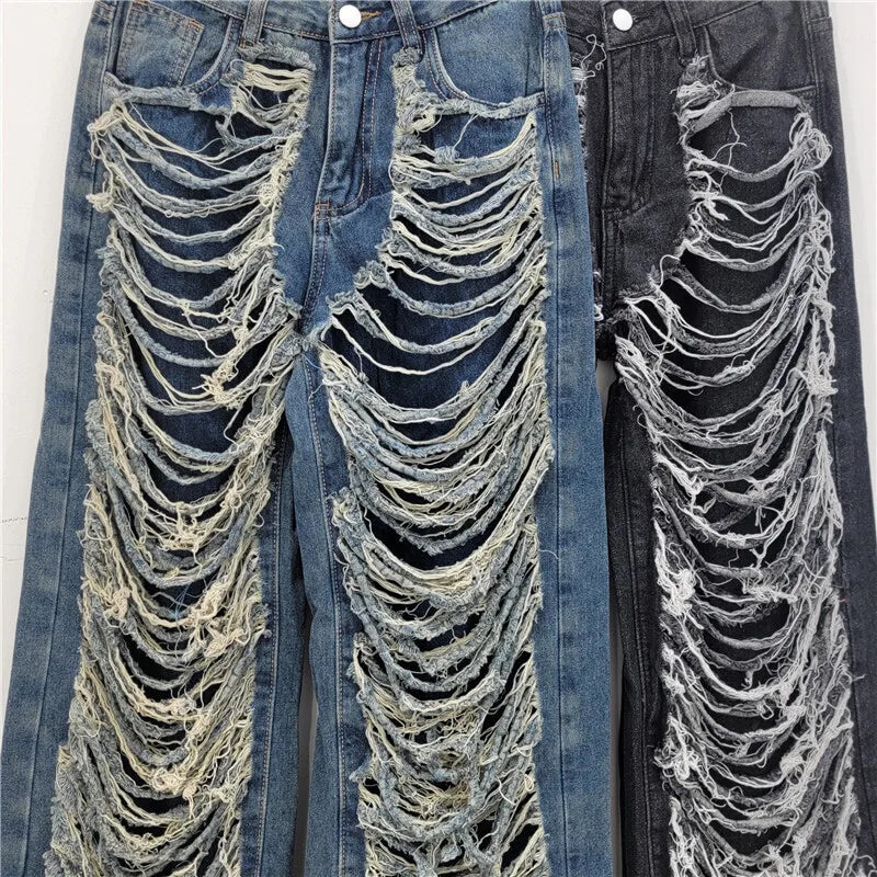 Denim Distressed Cut Out Straight Jeans