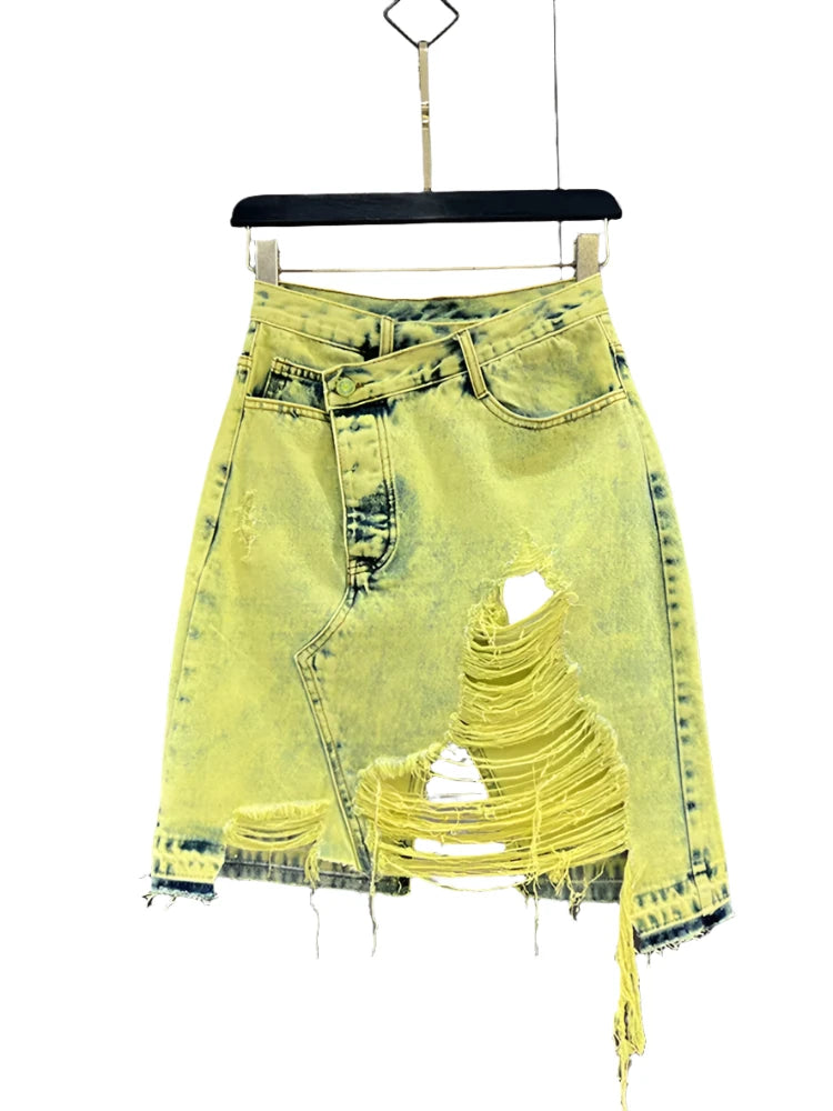 Denim Fluorescent Yellow Asymmetric Skirt