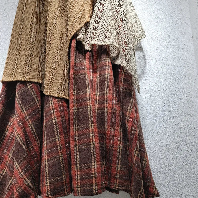 Elastic High Waist Patchwork Irregular Plaid Skirt