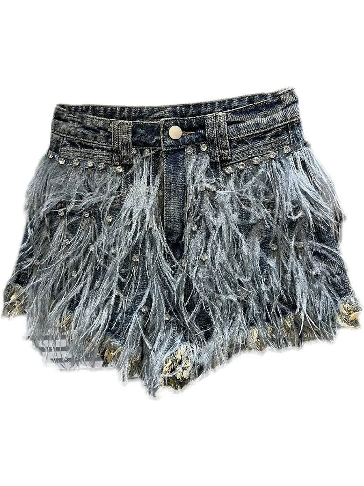 Diamond Bead Feather Tassel Denim Shorts