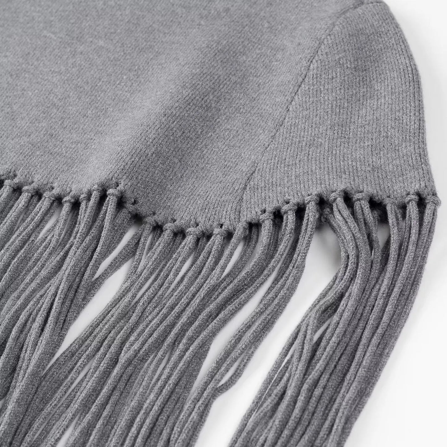 Gray Knit Long Tassel Cape Pullover Sweater
