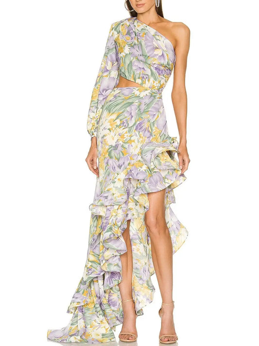 One Shoulder Floral Ruffled Long Chiffon Maxi Dress