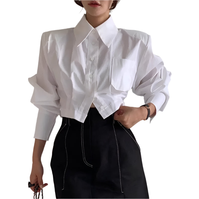 Cropped Turn-down Collar Long Sleeve Blouse