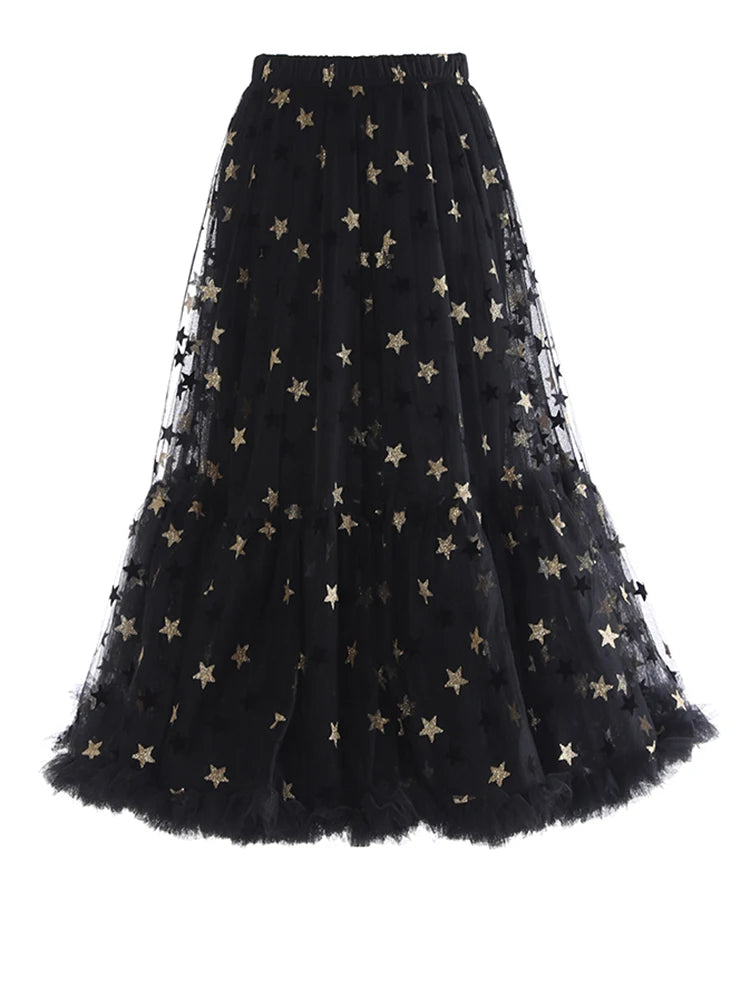 Black Flower Dot Mesh Long A-line Skirt