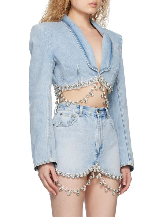 Diamond Tassel Denim Two Piece Set