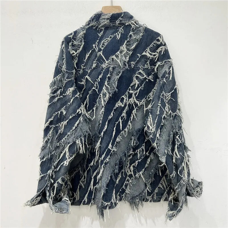 Full Sleeve Frayed Tassel Denim Jacket