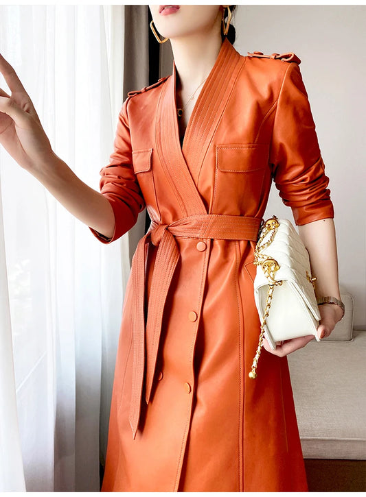 Deep V Neck Double Buttoned Soft Pu Leather Trench Coat