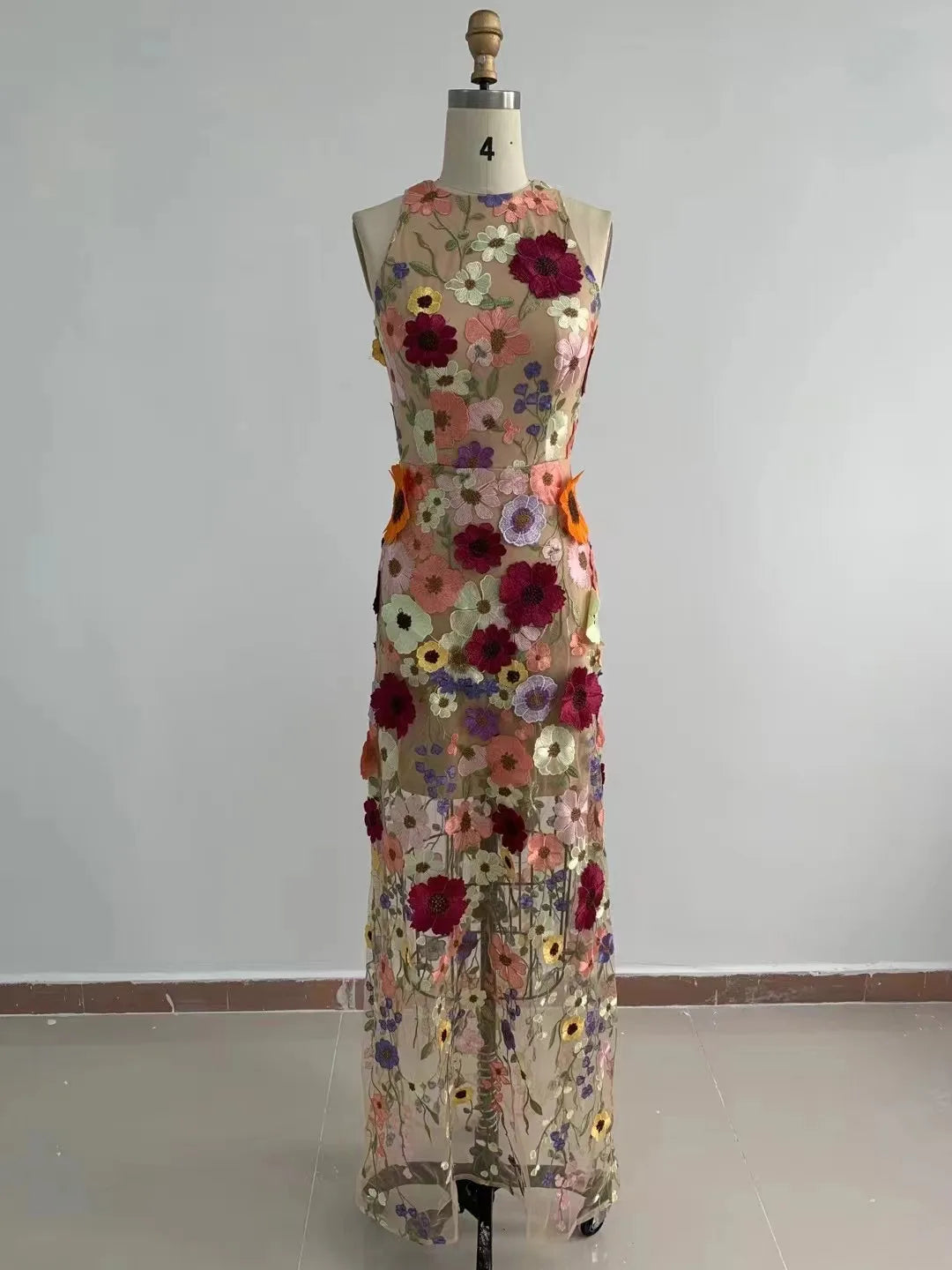 Patchwork Floral Sleeveless Mesh Dress