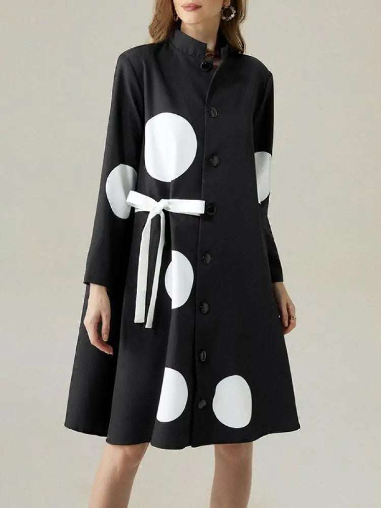 Polka-Dot Tied Long Sleeves Loose Shirt Dress