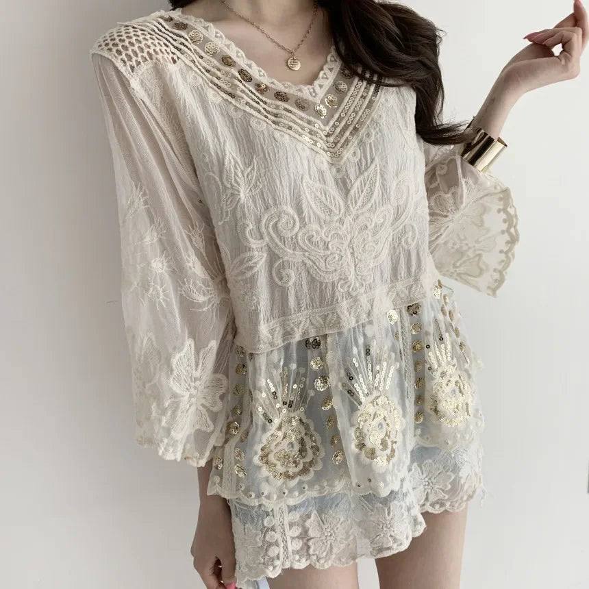 Sequin Floral Embroidery Lace Blouse