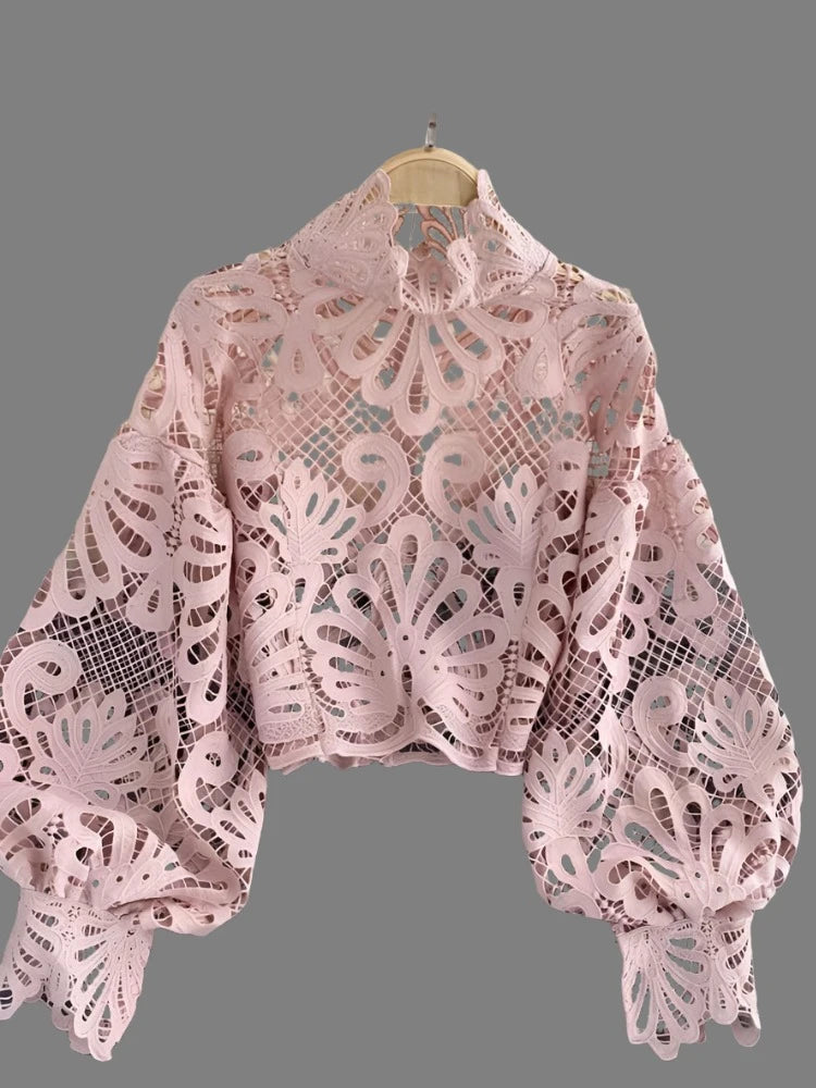 Lace Short Lantern Long Sleeve Stand Up Collar Blouse