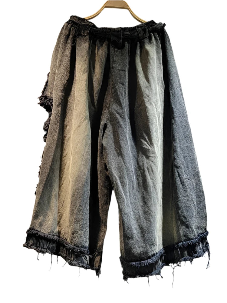 Elastic High Waist Washed Loose Tassel Wide Leg Denim Pants