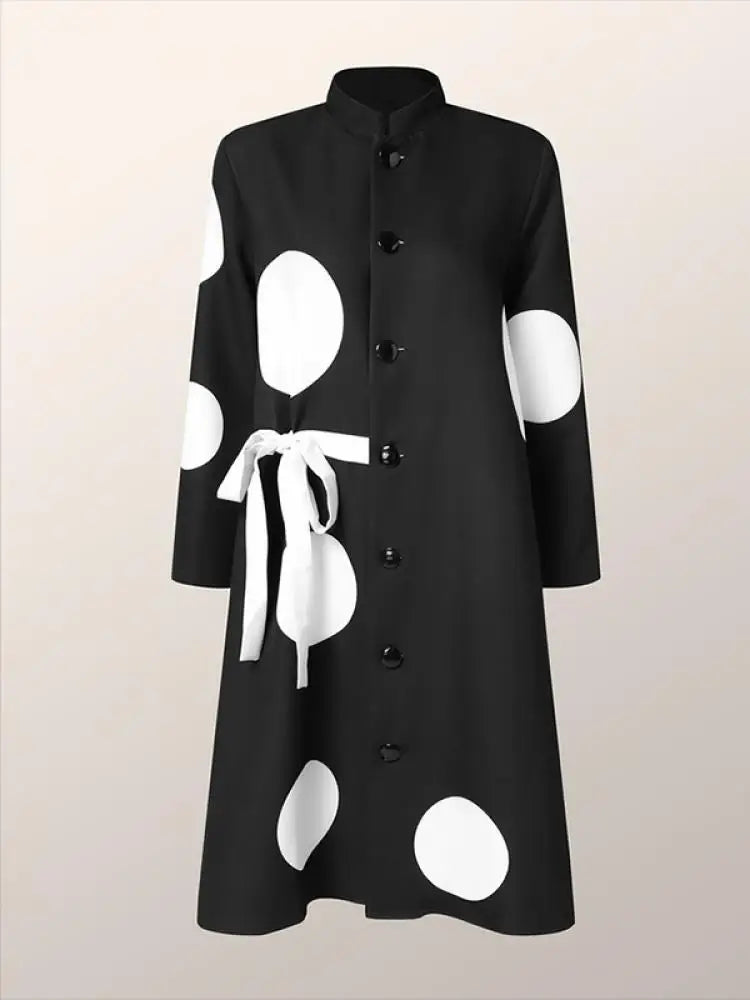 Polka-Dot Tied Long Sleeves Loose Shirt Dress