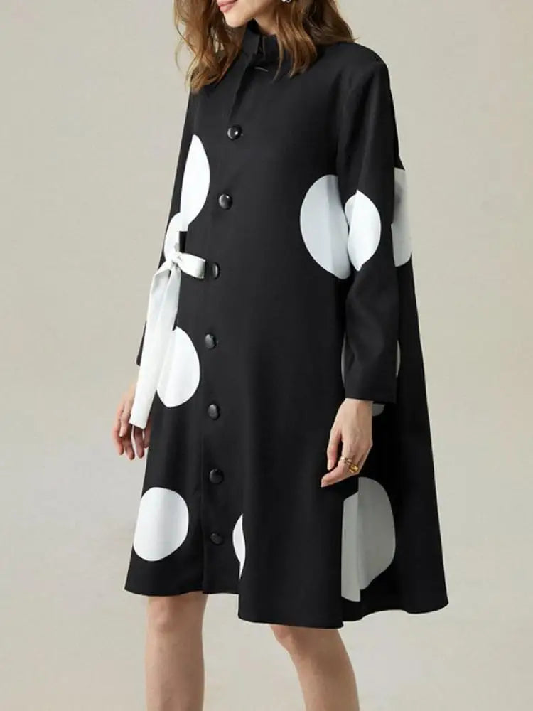 Polka-Dot Tied Long Sleeves Loose Shirt Dress