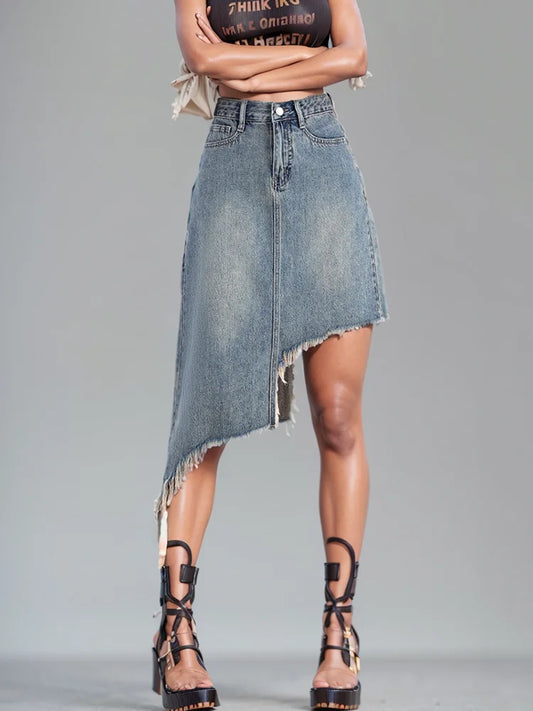 Irregular Raw Edge Denim Skirt