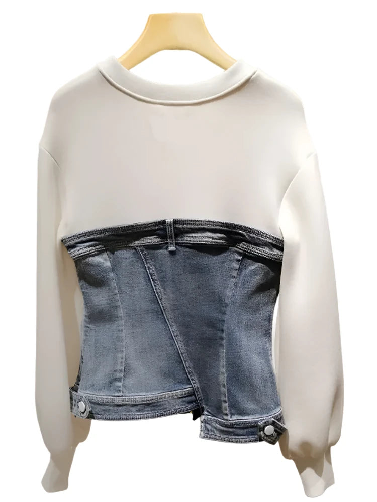 Asymmetric Zipper Denim Fake Two-piece Sweatshirt