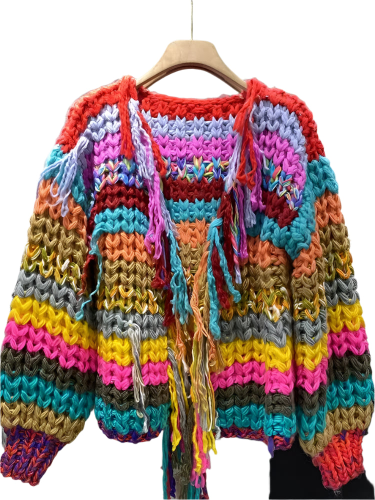 Rainbow Color Tassel Chunky Knit Handmade Sweater