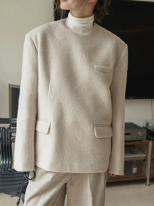 Round-neck Long Sleeve Woolen Jacket