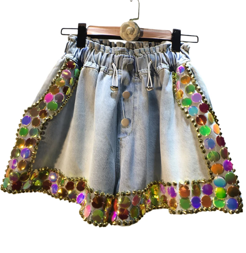 Denim Waist Rivet Colorful Big Sequins Wide Leg Short Jeans