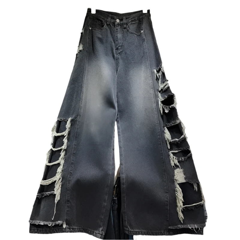 Distressed Broken Holes Straight Wide Leg Tassel Denim Pants