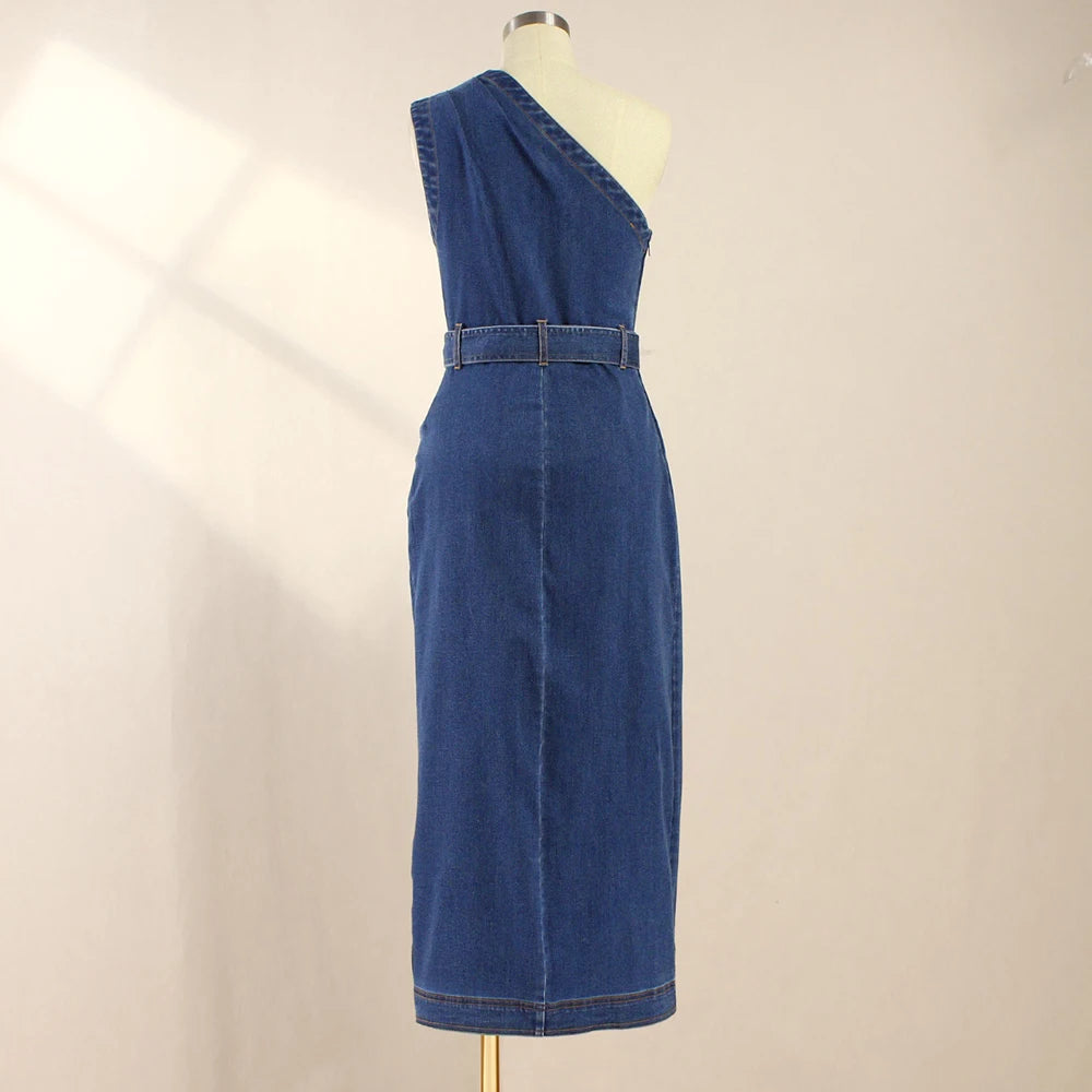 Single Shoulder High Waist Split Denim Long Dress