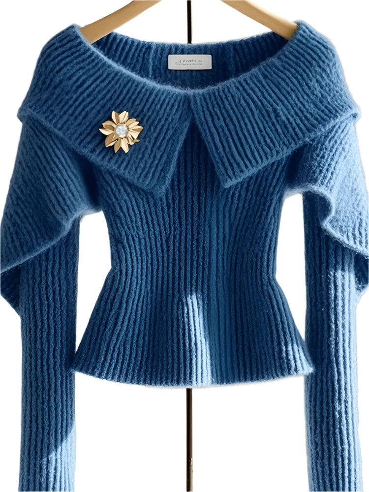 High End Blue Slim Waist Sweater