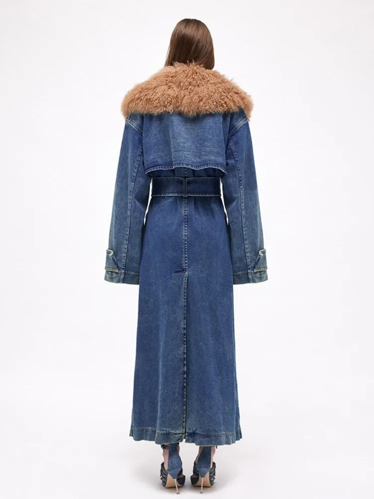 Lace Up Denim Fake Fur Collar Long Trench Coat