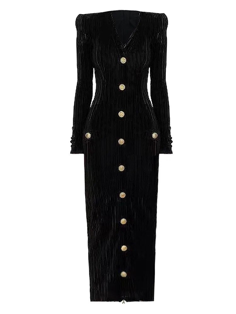 Velvet Dresses  V Neck Long Sleeve Single Buttoned Slim Dress