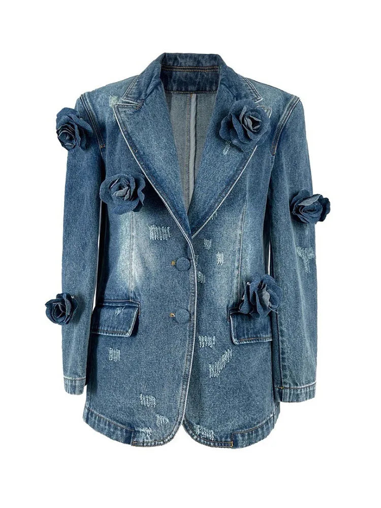 Denim 3D Flower Turn-down Collar Jacket