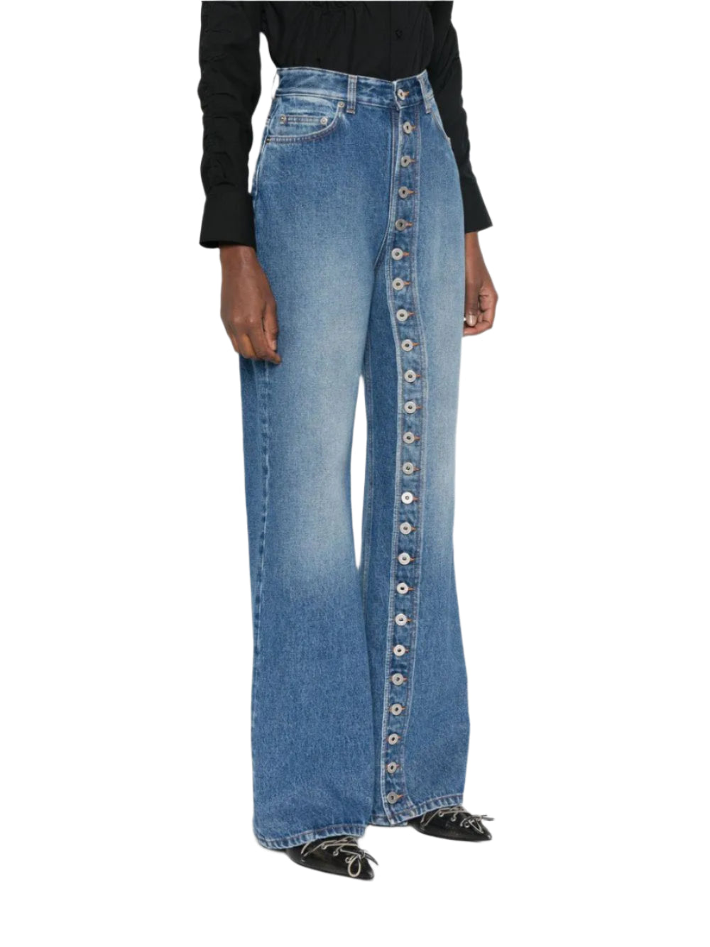 Multi Button Straight Leg Denim Pants