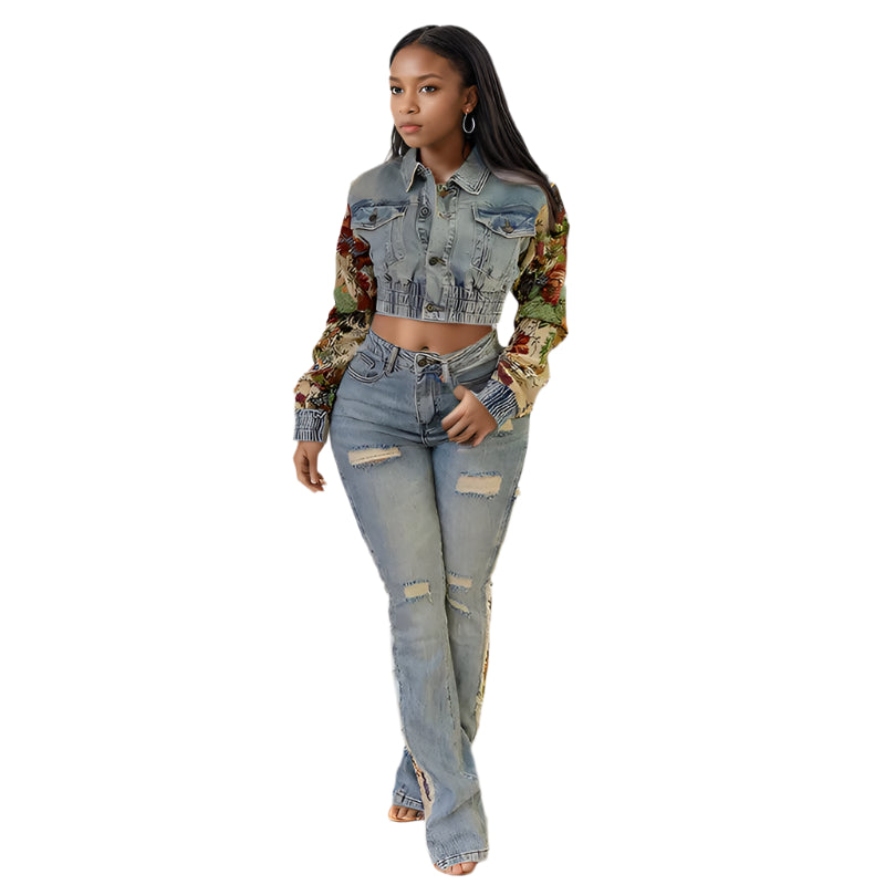 Two-piece Set  Print Patchwork Denim Coat High Waist Long Jeans