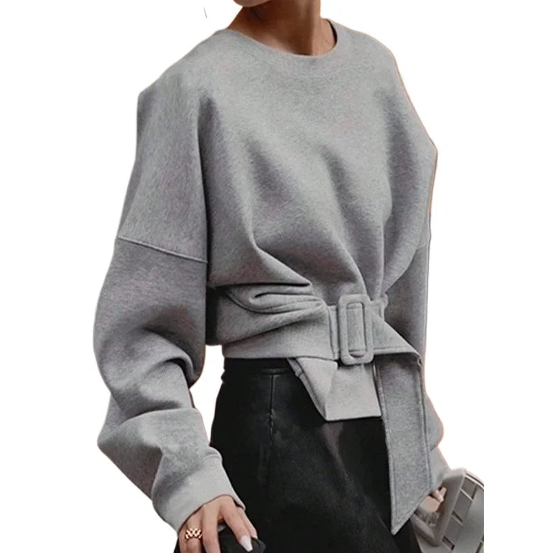 Gray Belt Buckle Round Neck Long Sleeves Pullover