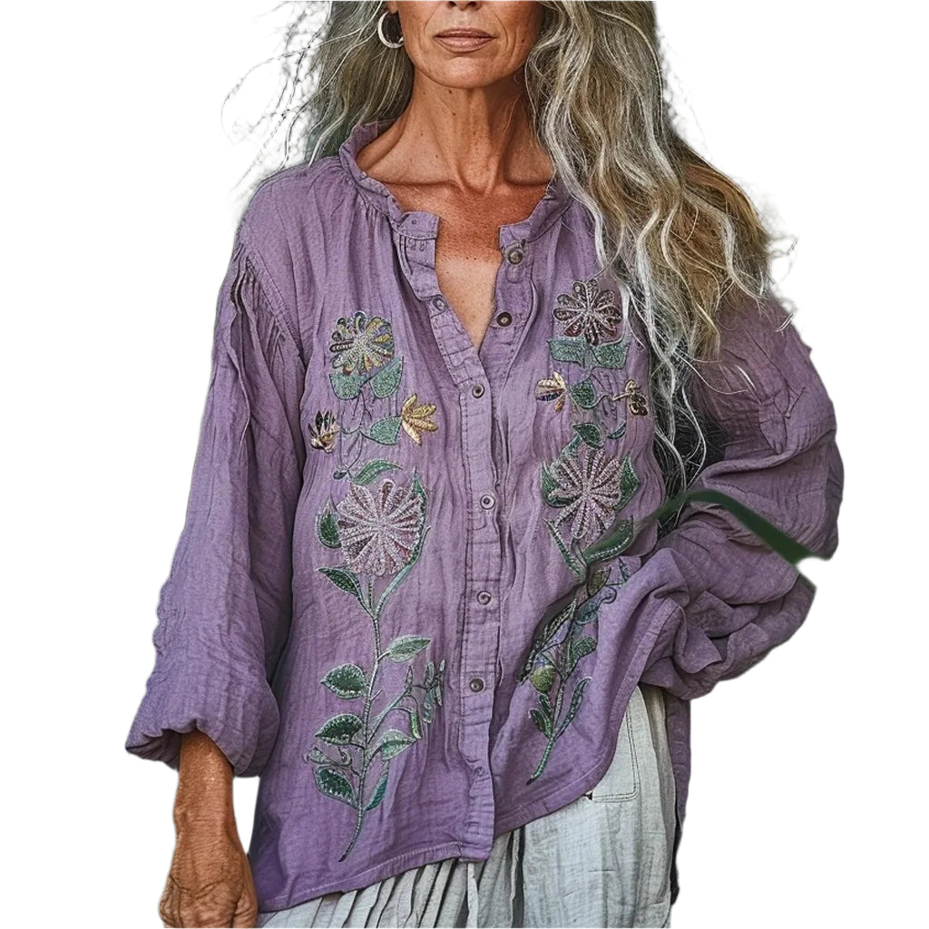 Floral Printed V-Neck Long Sleeve Bohemian Blouse