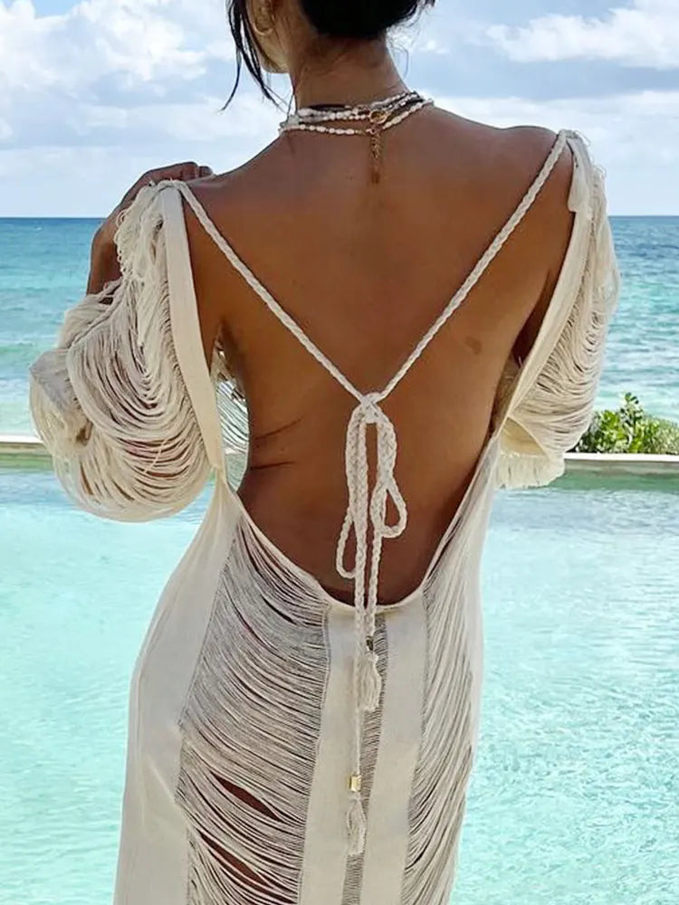 White Knitted Fringe Beach Maxi Dress