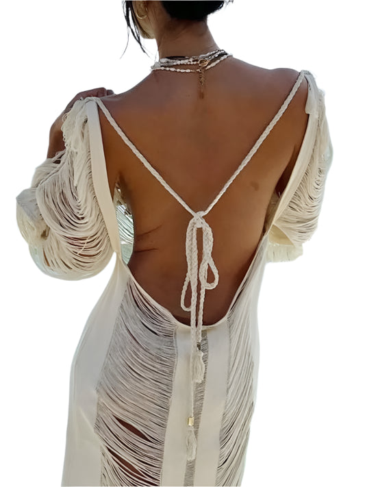 White Knitted Fringe Beach Maxi Dress