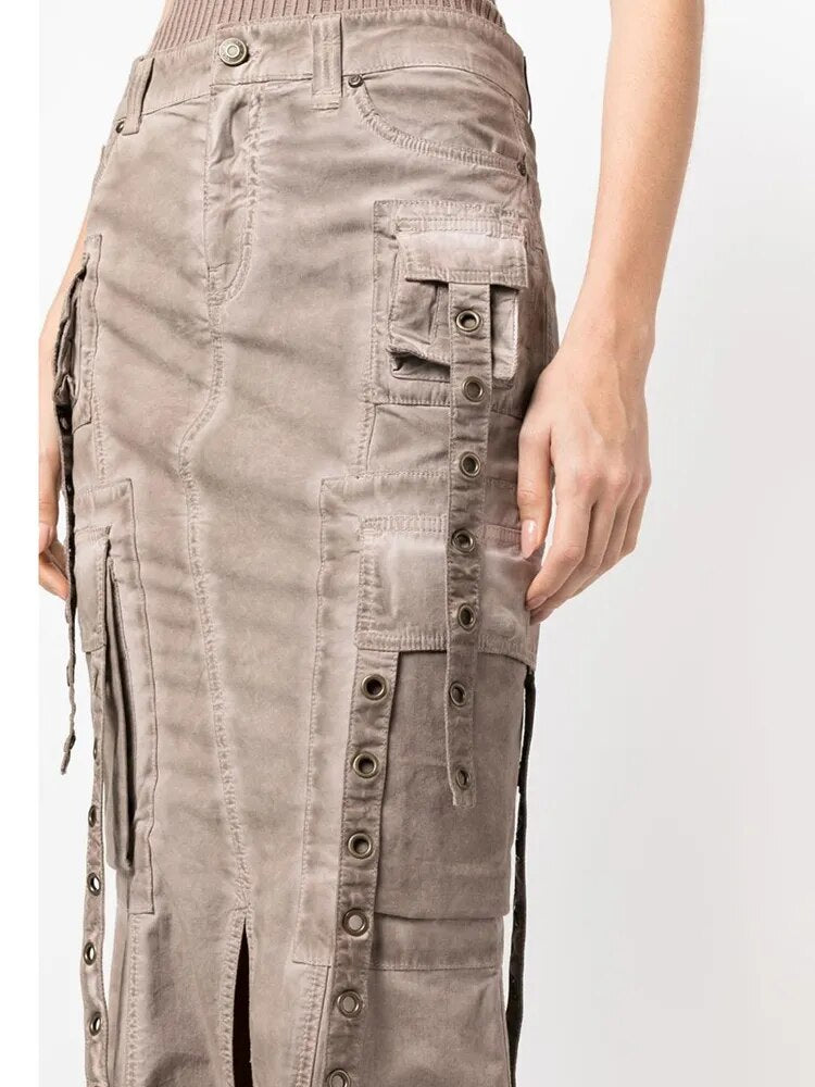 Denim Patchwork Pocket Split Skirt