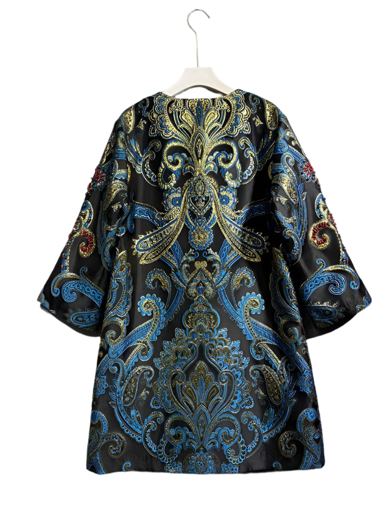 Gorgeous Crystal Beading Vintage Printed Long Sleeve Coat