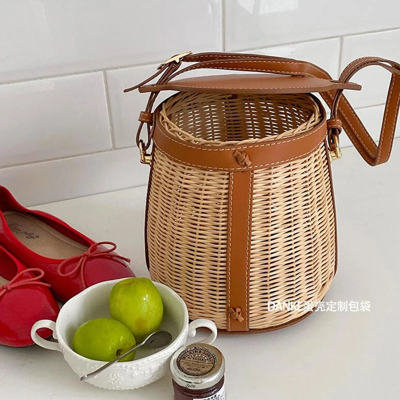 PU Rattan Bucket Bag Handbag