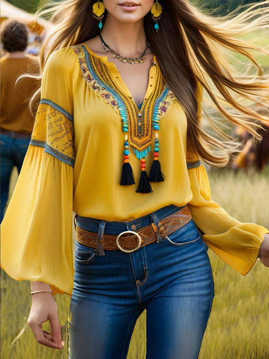 Boho Flare Sleeves Tassel V Neck Blouse