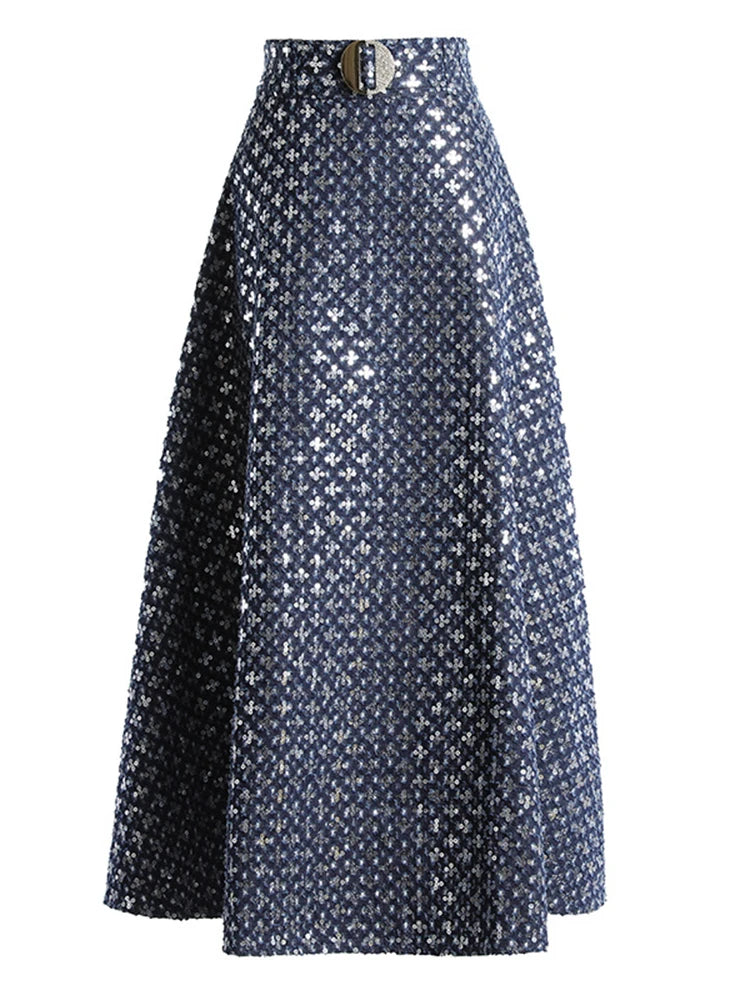 Denim Sequined Embroidery A Line Skirt