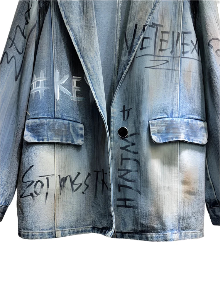 Denim Letter Graffiti Single Buttoned  Jacket