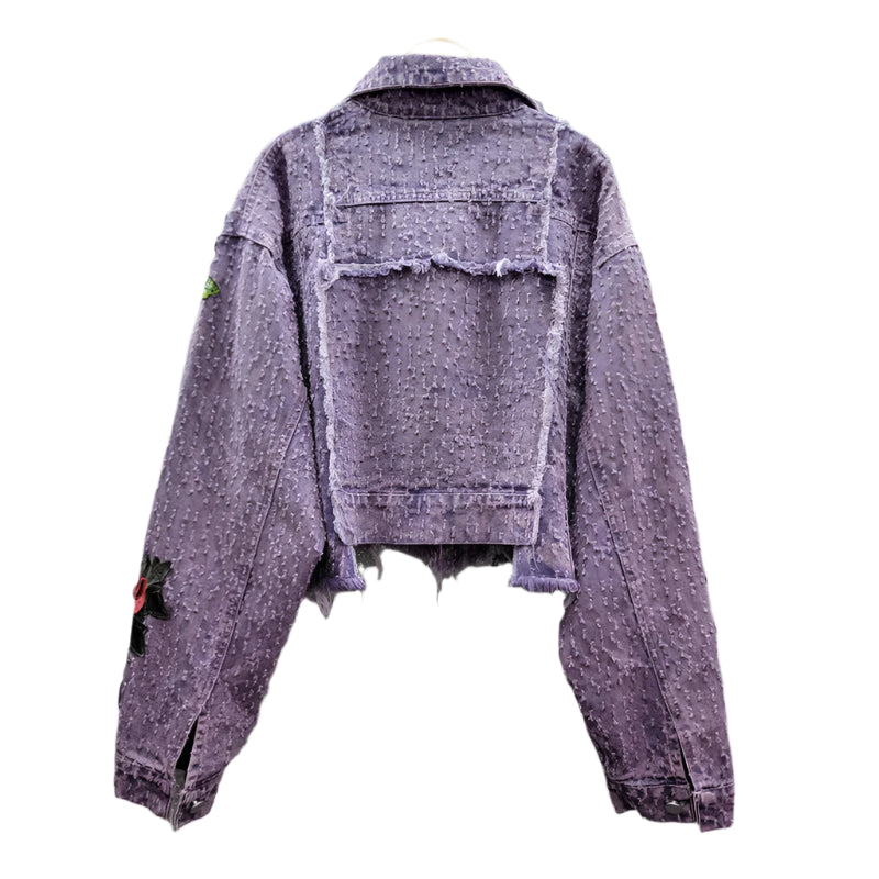 Embroidery Flowers Purple Frayed Denim Short Jeans Jacket